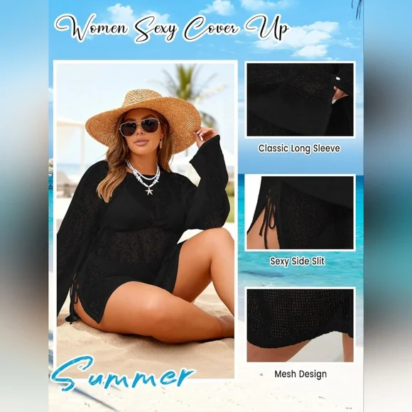 Plus Size Black Crochet Swim Cover Up Kaftan XXL | New With Tags - Picture 6 of 6